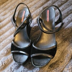 Prada Black Patent Leather & VELVET wedge Sandals
